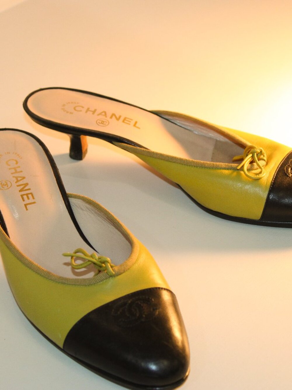 Chanel Chartreuse and Black Lambskin Cap Toe Mules - EUC - RARE!